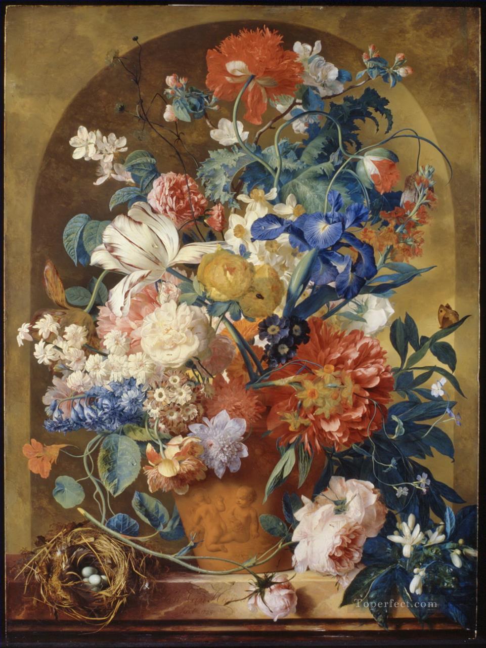 Still life of flowers in a terracotta vase before a niche Jan van Huysum Oil Paintings